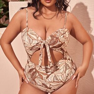 NEW! PLUS Size Plant Print Cut Out One Piece Swimsuit Boho Tropical Beach Resort